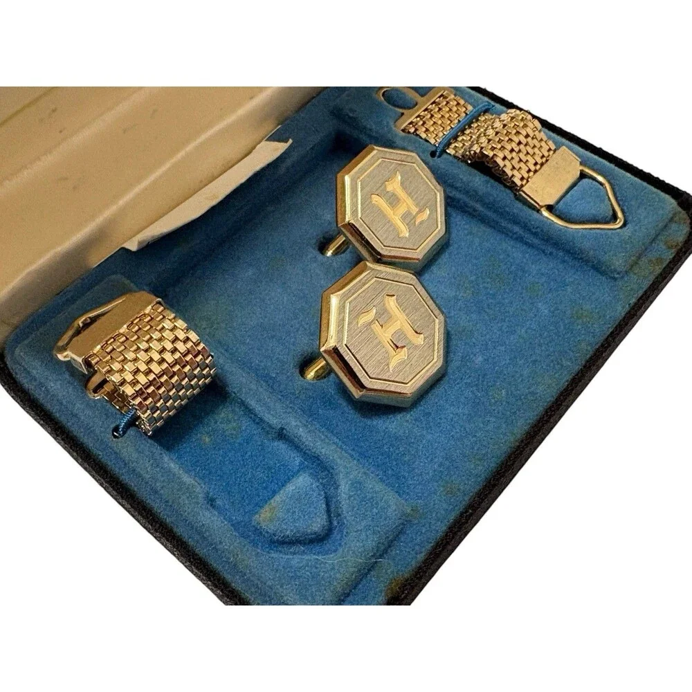 VTG Swank Cufflink Tie Clip Set in Box Gold Tone Octagon Retro Design